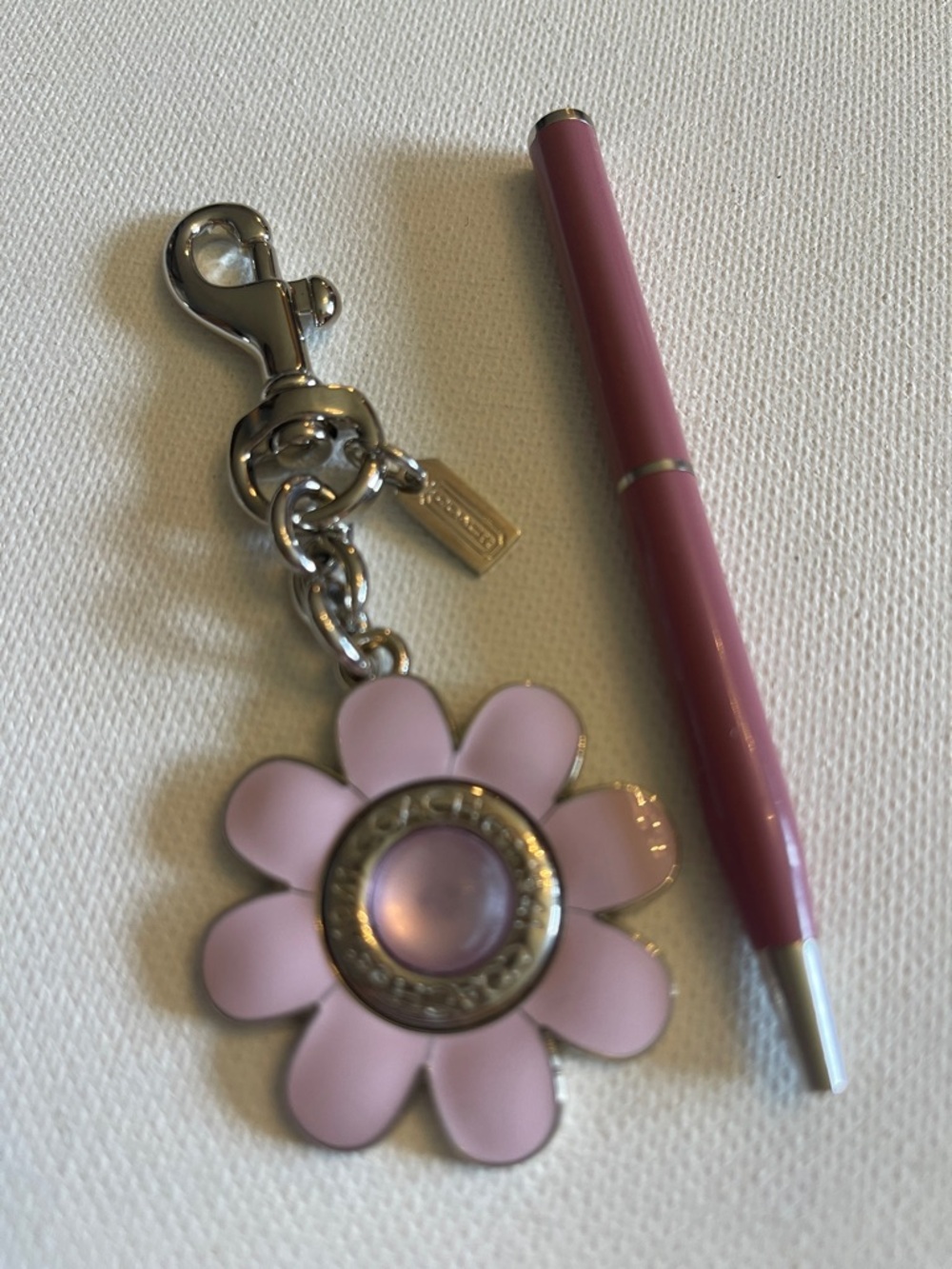 Coach Pink Enamel Daisy Keychain Charm and Coach Pen - Picture 2 of 6